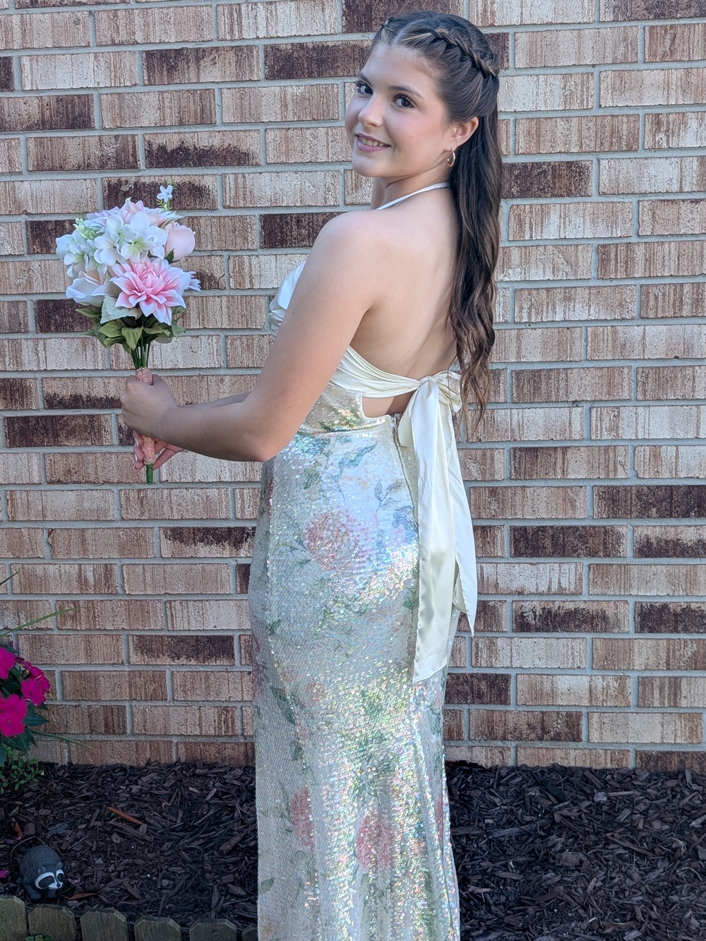 Backless Ivory Sequin Floral Halter Gown